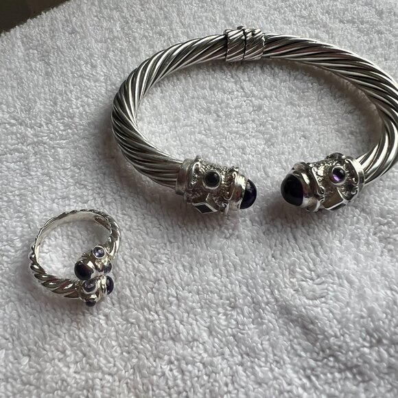 RARE David Yurman Studio Sterling Silver Amethyst Cable Cuff + Ring Set - Picture 6 of 10